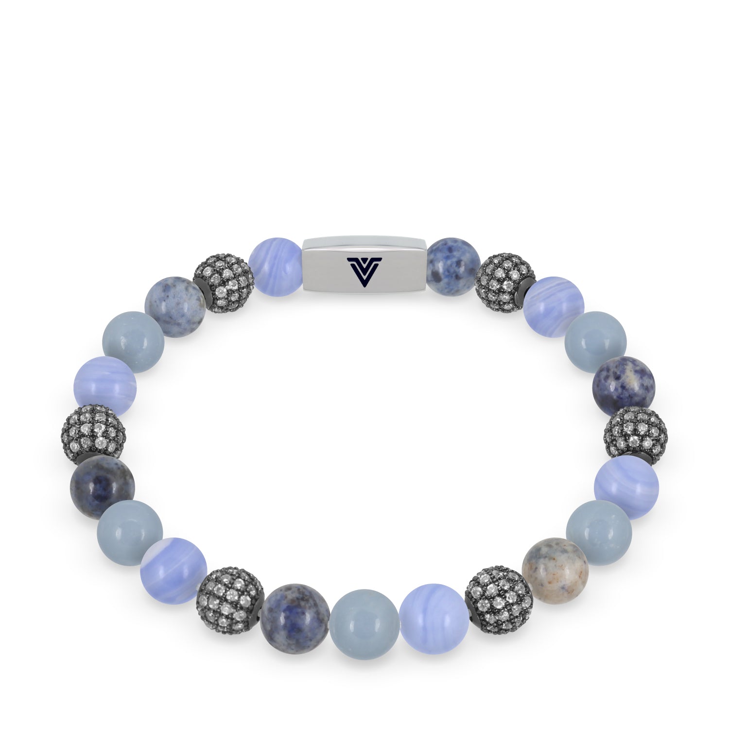 Front view of an 8mm Cerulean Sirius beaded stretch bracelet featuring Blue Lace Agate, Steel Pave, Dumortierite, & Angelite crystal and silver stainless steel logo bead made by Voltlin