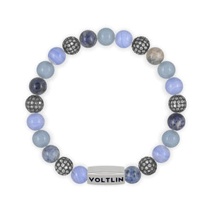 Top view of an 8mm Cerulean Sirius beaded stretch bracelet featuring Blue Lace Agate, Steel Pave, Dumortierite, & Angelite crystal and silver stainless steel logo bead made by Voltlin