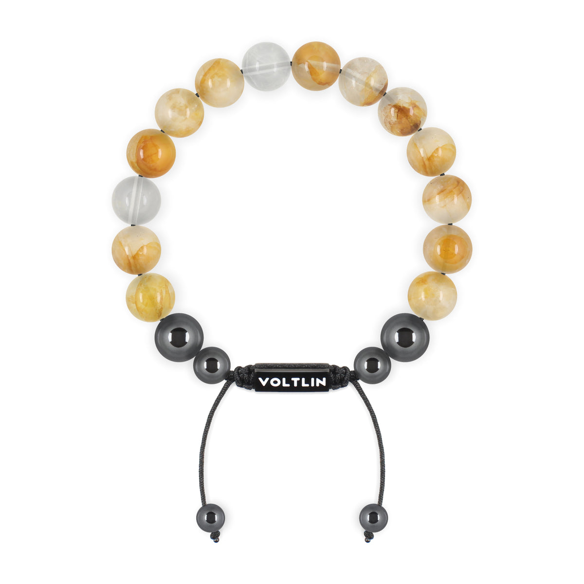 Top view of a 10mm Citrine crystal beaded shamballa bracelet with black stainless steel logo bead made by Voltlin