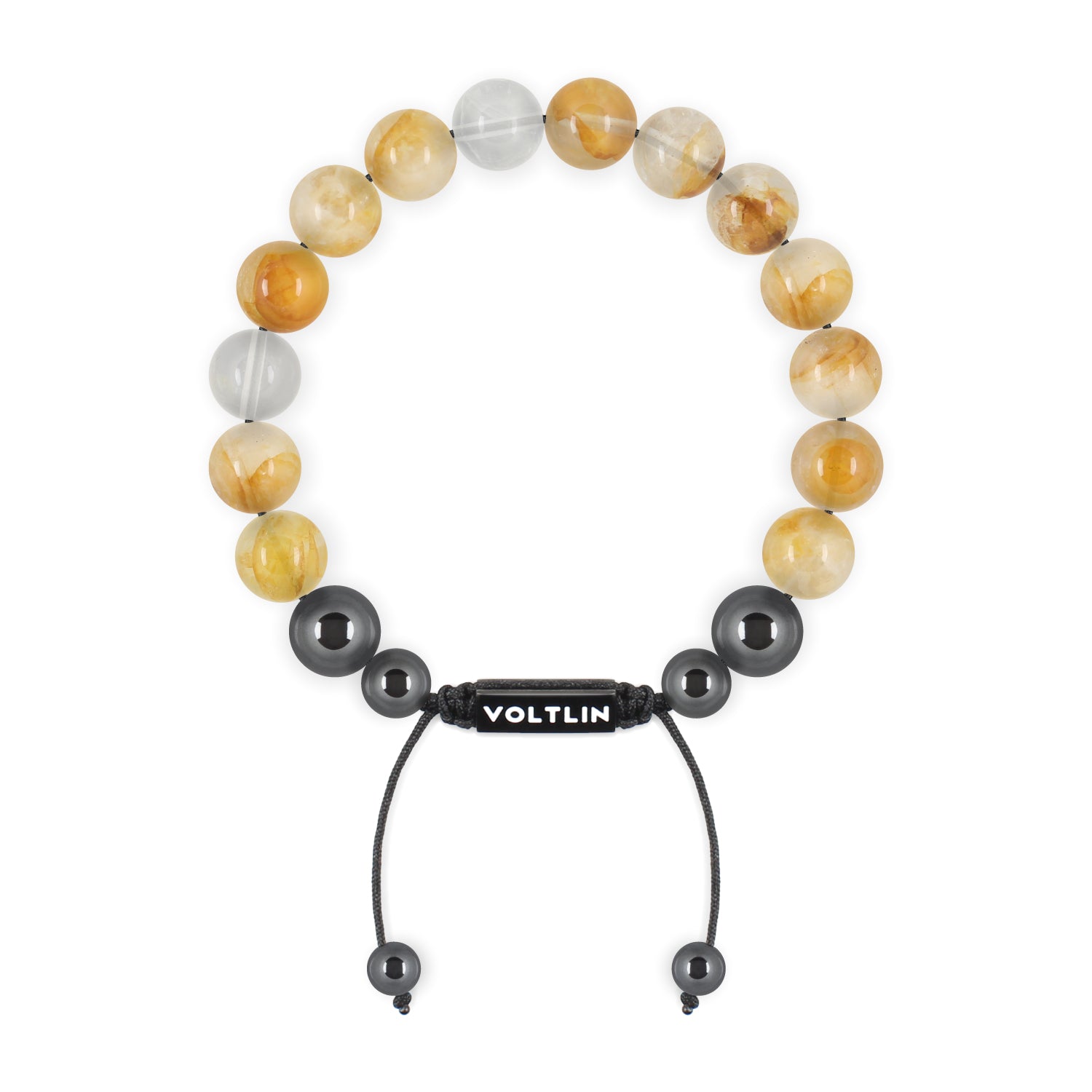 Top view of a 10mm Citrine crystal beaded shamballa bracelet with black stainless steel logo bead made by Voltlin