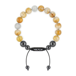 Top view of a 10mm Citrine crystal beaded shamballa bracelet with black stainless steel logo bead made by Voltlin
