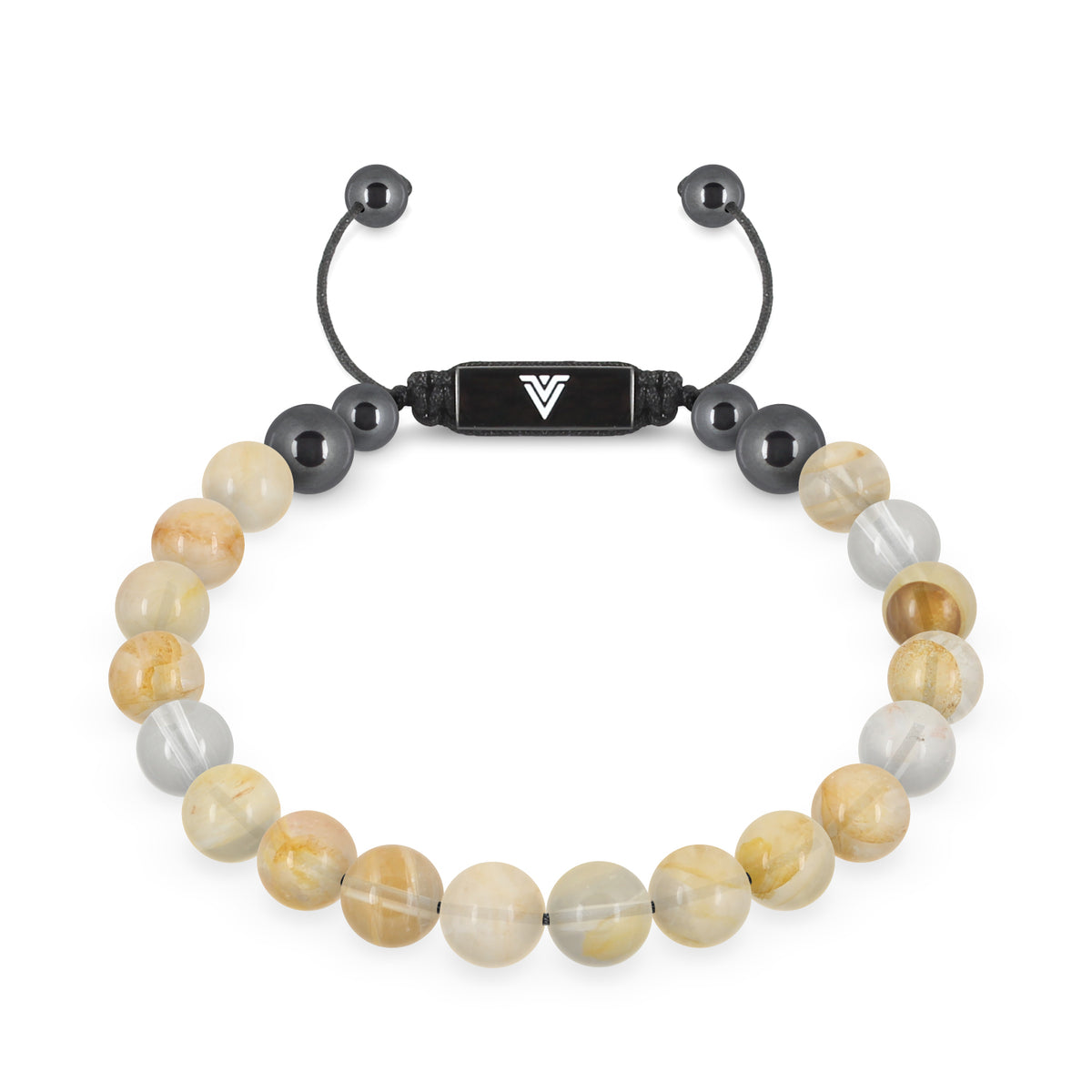 Front view of an 8mm Citrine crystal beaded shamballa bracelet with black stainless steel logo bead made by Voltlin