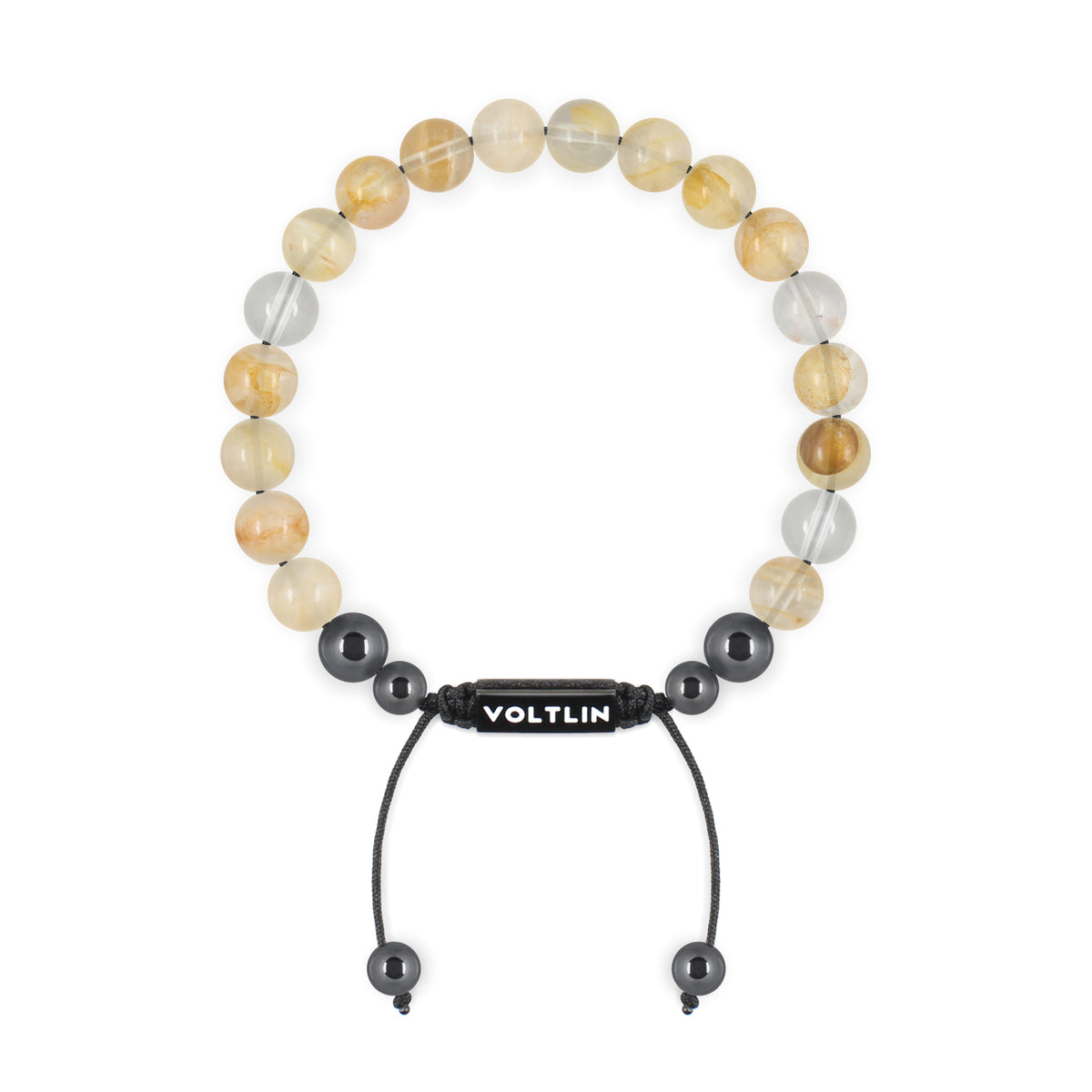 Top view of an 8mm Citrine crystal beaded shamballa bracelet with black stainless steel logo bead made by Voltlin