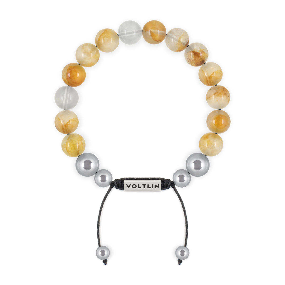 Top view of a 10mm Citrine beaded shamballa bracelet with silver stainless steel logo bead made by Voltlin