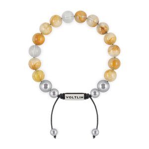 Top view of a 10mm Citrine beaded shamballa bracelet with silver stainless steel logo bead made by Voltlin