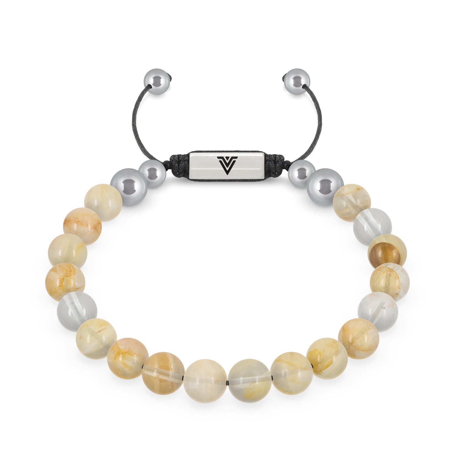 Front view of an 8mm Citrine beaded shamballa bracelet with silver stainless steel logo bead made by Voltlin