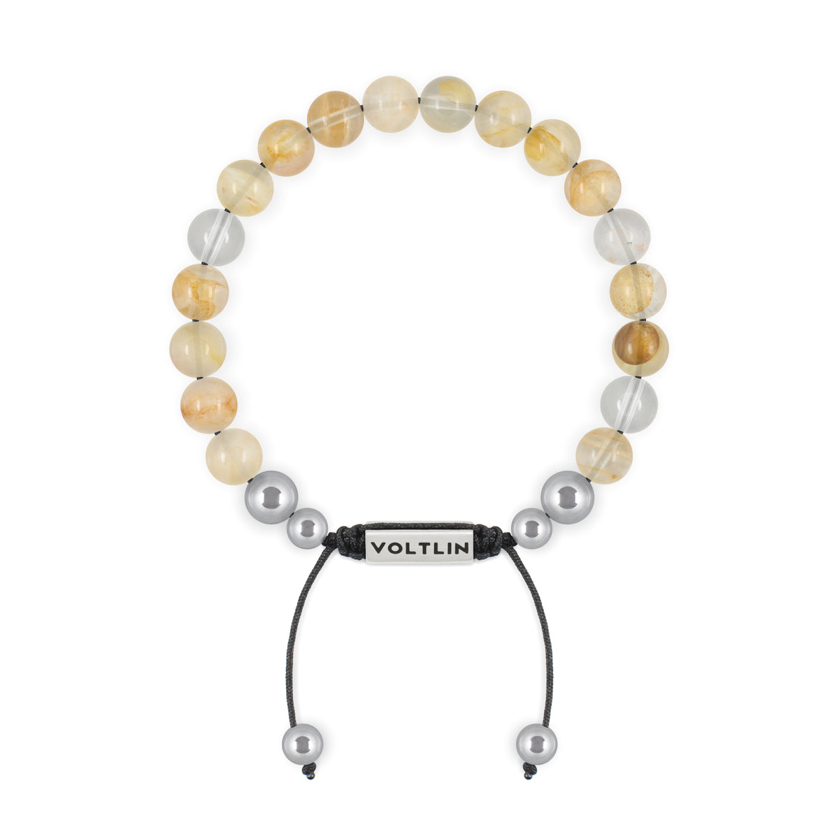 Top view of an 8mm Citrine beaded shamballa bracelet with silver stainless steel logo bead made by Voltlin