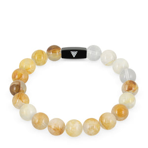 Front view of a 10mm Citrine crystal beaded stretch bracelet with black stainless steel logo bead made by Voltlin