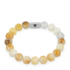 Front view of a 10mm Citrine beaded stretch bracelet with silver stainless steel logo bead made by Voltlin