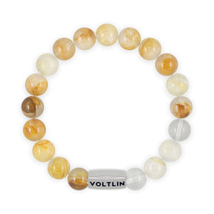 Top view of a 10mm Citrine beaded stretch bracelet with silver stainless steel logo bead made by Voltlin