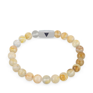 Front view of an 8mm Citrine beaded stretch bracelet with silver stainless steel logo bead made by Voltlin