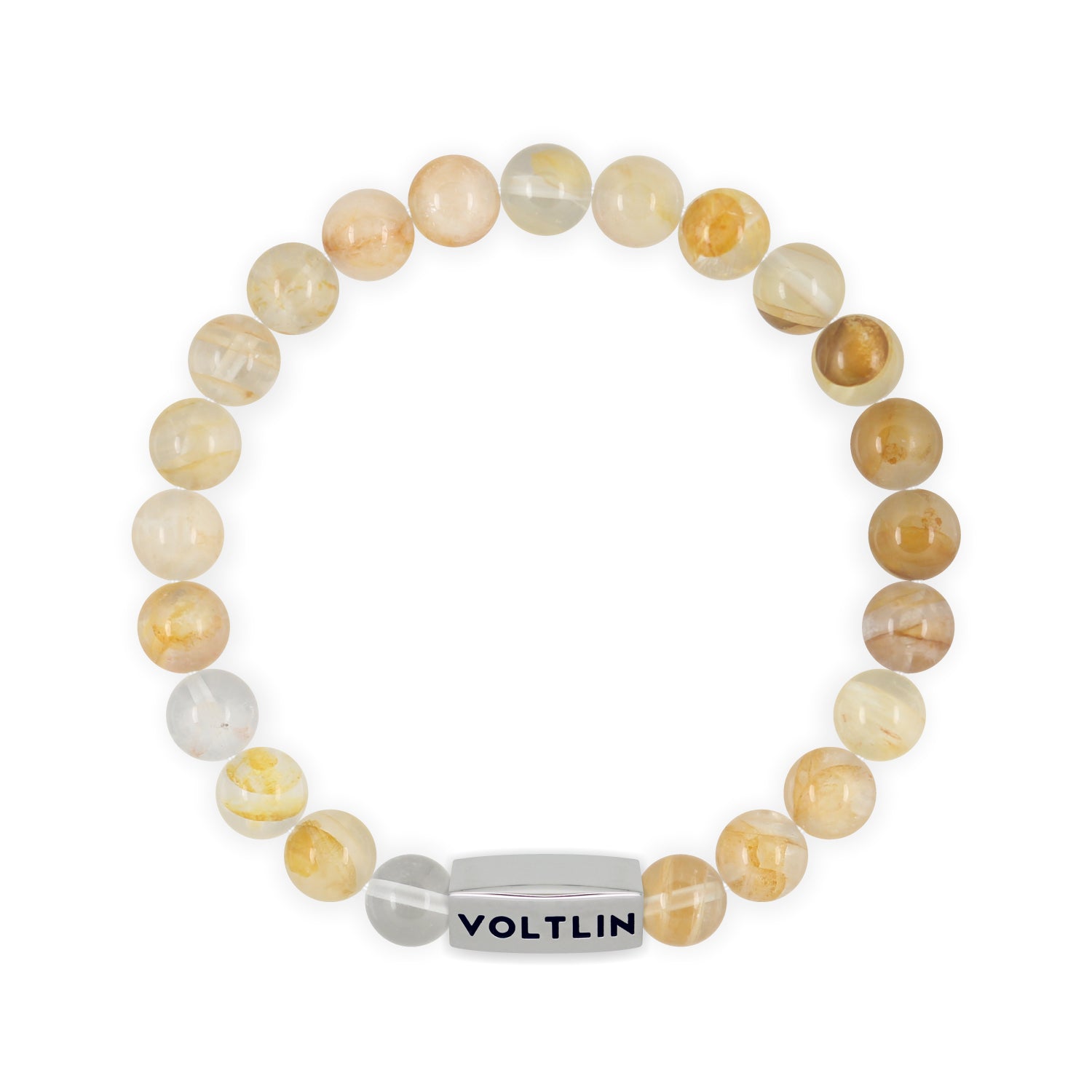 Front view of an 8mm Citrine beaded stretch bracelet with silver stainless steel logo bead made by Voltlin
