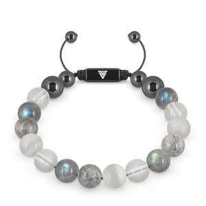 Front view of a 10mm Crown Chakra crystal beaded shamballa bracelet with black stainless steel logo bead made by Voltlin