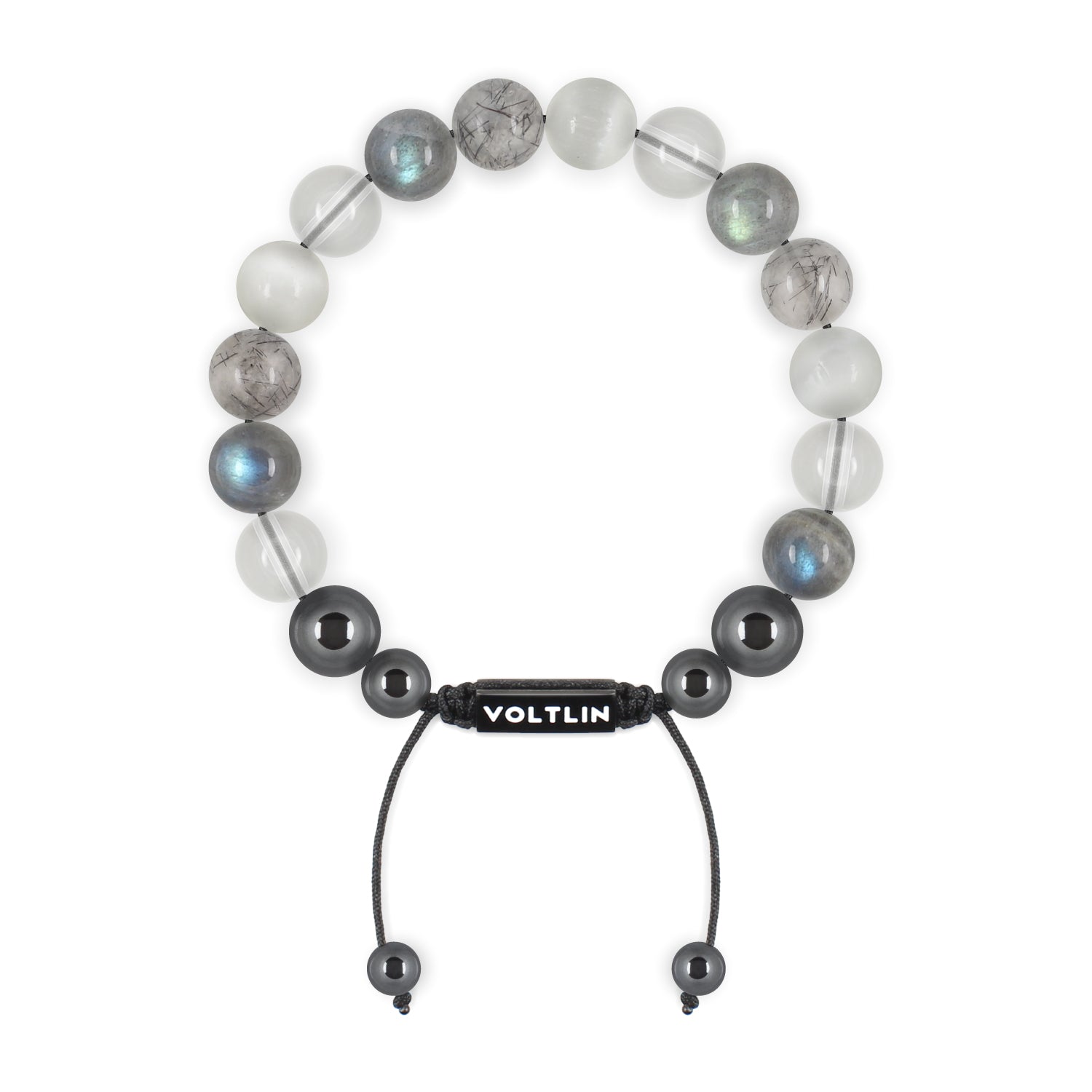 Top view of a 10mm Crown Chakra crystal beaded shamballa bracelet with black stainless steel logo bead made by Voltlin