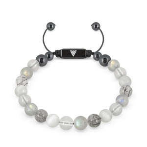 Front view of an 8mm Crown Chakra crystal beaded shamballa bracelet with black stainless steel logo bead made by Voltlin