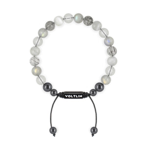 Top view of an 8mm Crown Chakra crystal beaded shamballa bracelet with black stainless steel logo bead made by Voltlin
