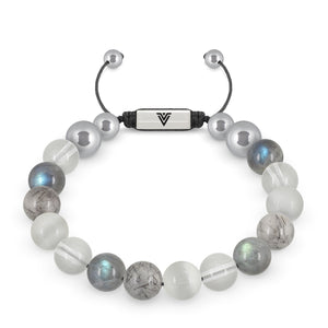 Front view of a 10mm Crown Chakra beaded shamballa bracelet featuring Quartz, Labradorite, Tourmalinated Quartz, & Selenite crystal and silver stainless steel logo bead made by Voltlin
