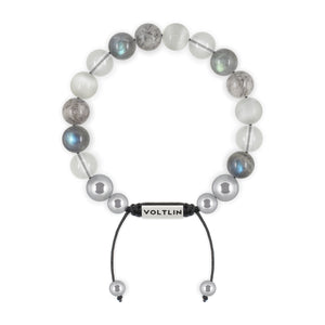 Top view of a 10mm Crown Chakra beaded shamballa bracelet featuring Quartz, Labradorite, Tourmalinated Quartz, & Selenite crystal and silver stainless steel logo bead made by Voltlin