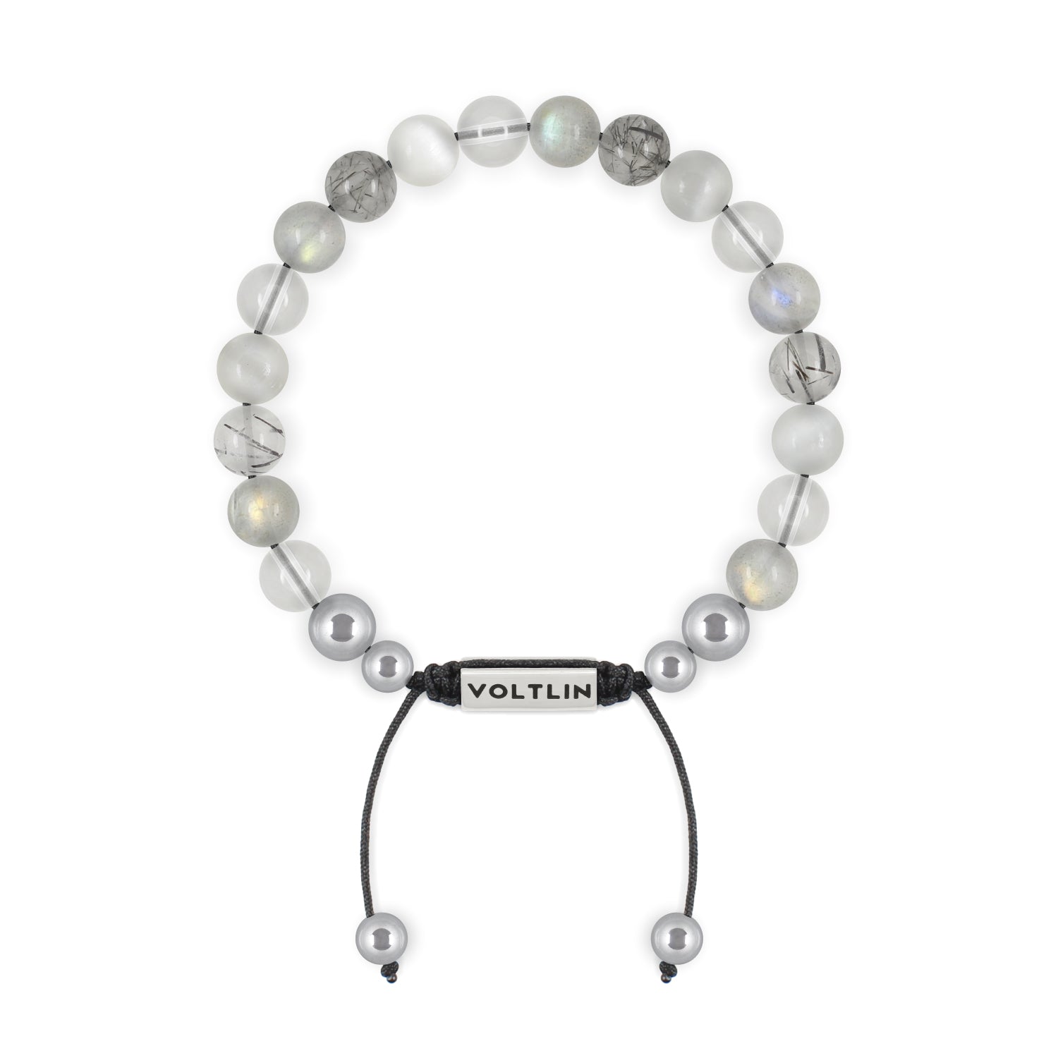 Front view of an 8mm Crown Chakra beaded shamballa bracelet featuring Quartz, Labradorite, Tourmalinated Quartz, & Selenite crystal and silver stainless steel logo bead made by Voltlin