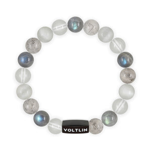 Top view of a 10mm Crown Chakra crystal beaded stretch bracelet with black stainless steel logo bead made by Voltlin