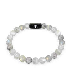 Front view of an 8mm Crown Chakra crystal beaded stretch bracelet with black stainless steel logo bead made by Voltlin