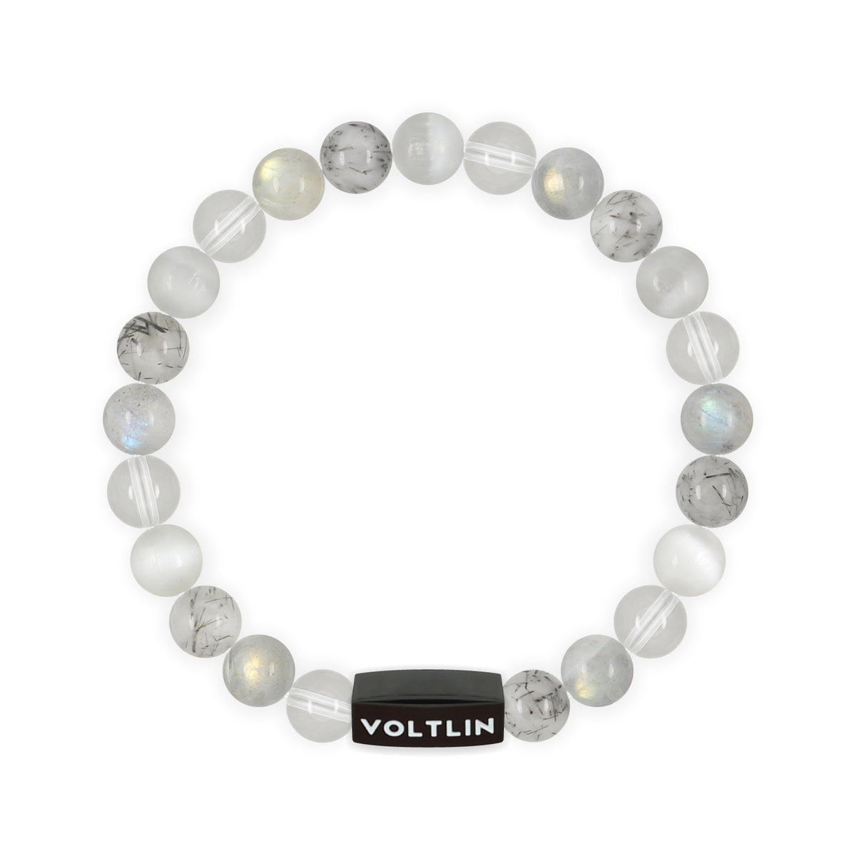 Top view of an 8mm Crown Chakra crystal beaded stretch bracelet with black stainless steel logo bead made by Voltlin