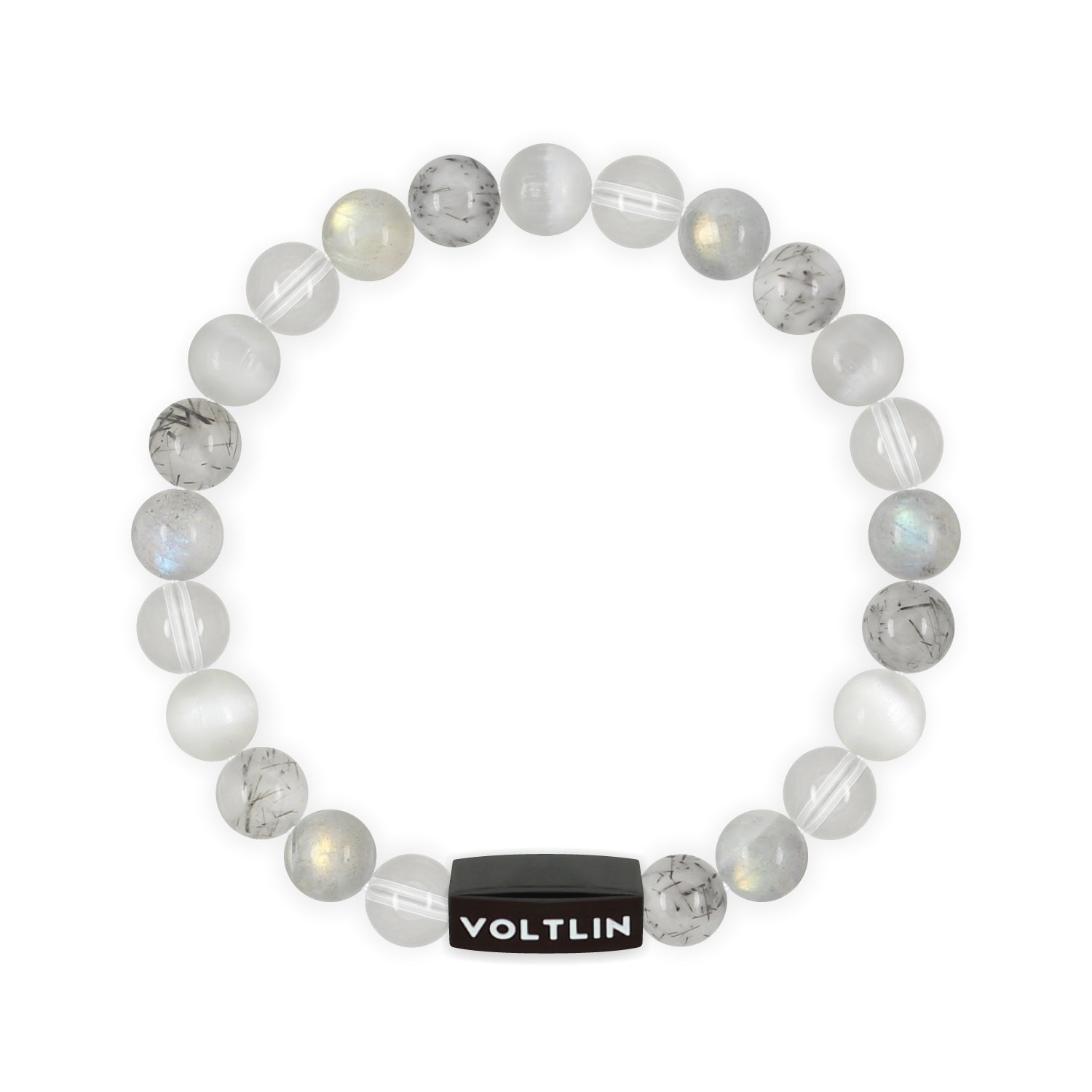 Top view of an 8mm Crown Chakra crystal beaded stretch bracelet with black stainless steel logo bead made by Voltlin