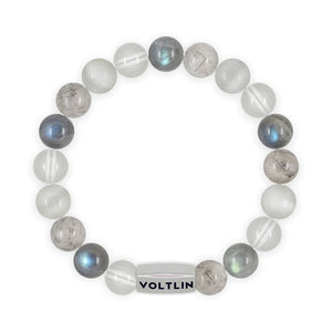 Top view of a 10mm Crown Chakra beaded stretch bracelet featuring Quartz, Labradorite, Tourmalinated Quartz, & Selenite crystal and silver stainless steel logo bead made by Voltlin