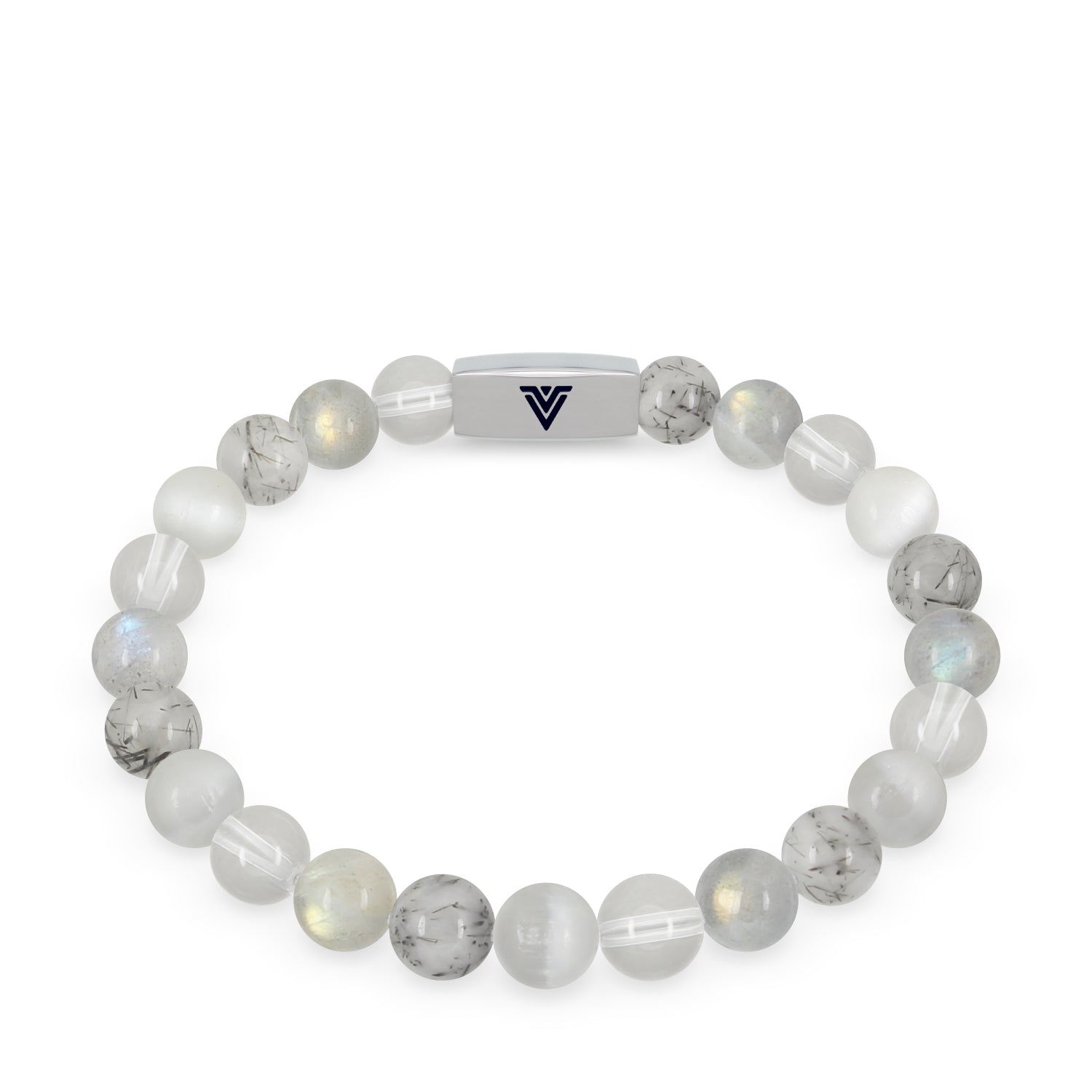 Front view of an 8mm Crown Chakra beaded stretch bracelet featuring Quartz, Labradorite, Tourmalinated Quartz, & Selenite crystal and silver stainless steel logo bead made by Voltlin