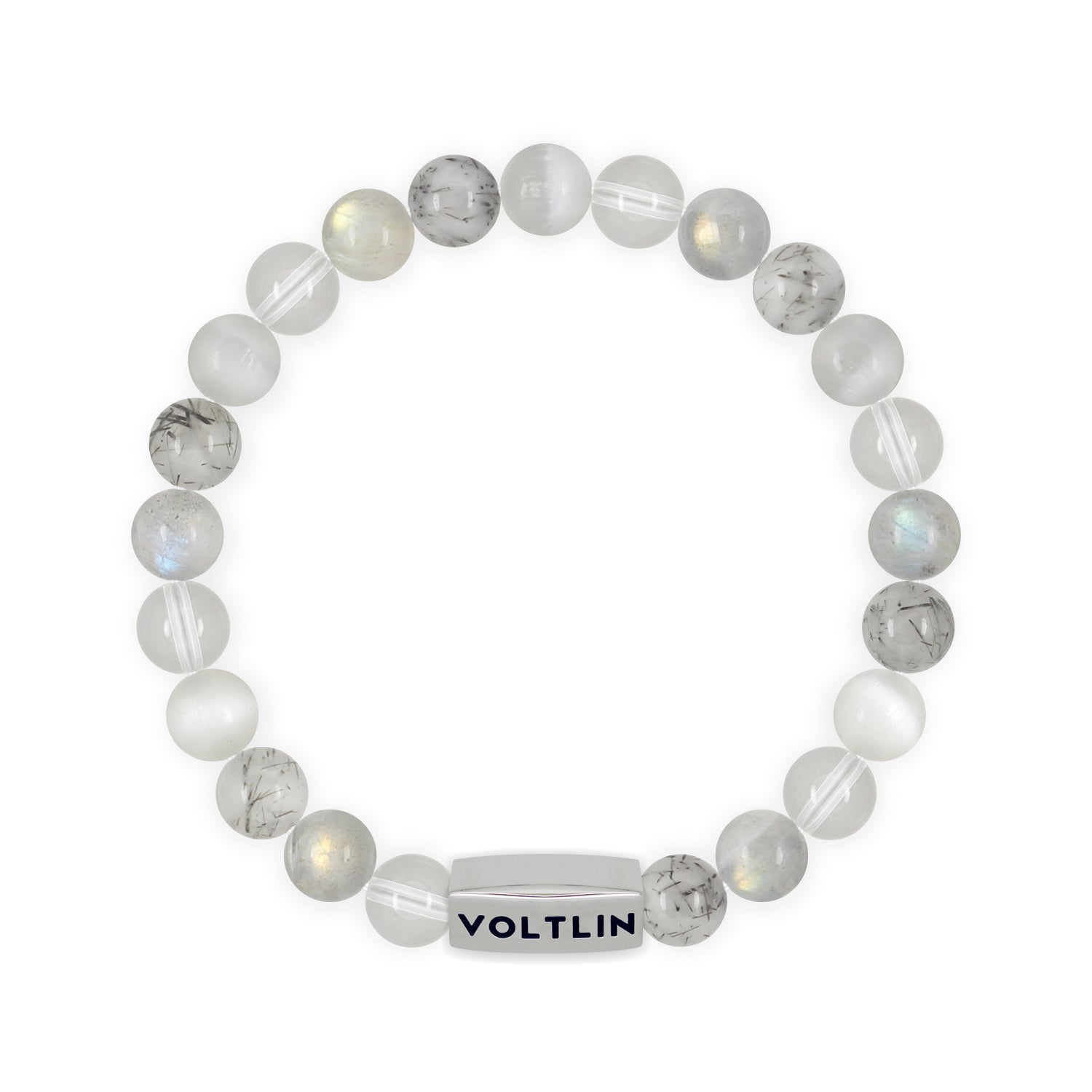 Front view of an 8mm Crown Chakra beaded stretch bracelet featuring Quartz, Labradorite, Tourmalinated Quartz, & Selenite crystal and silver stainless steel logo bead made by Voltlin