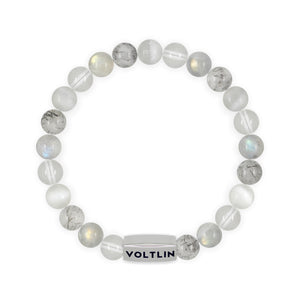 Top view of an 8mm Crown Chakra beaded stretch bracelet featuring Quartz, Labradorite, Tourmalinated Quartz, & Selenite crystal and silver stainless steel logo bead made by Voltlin