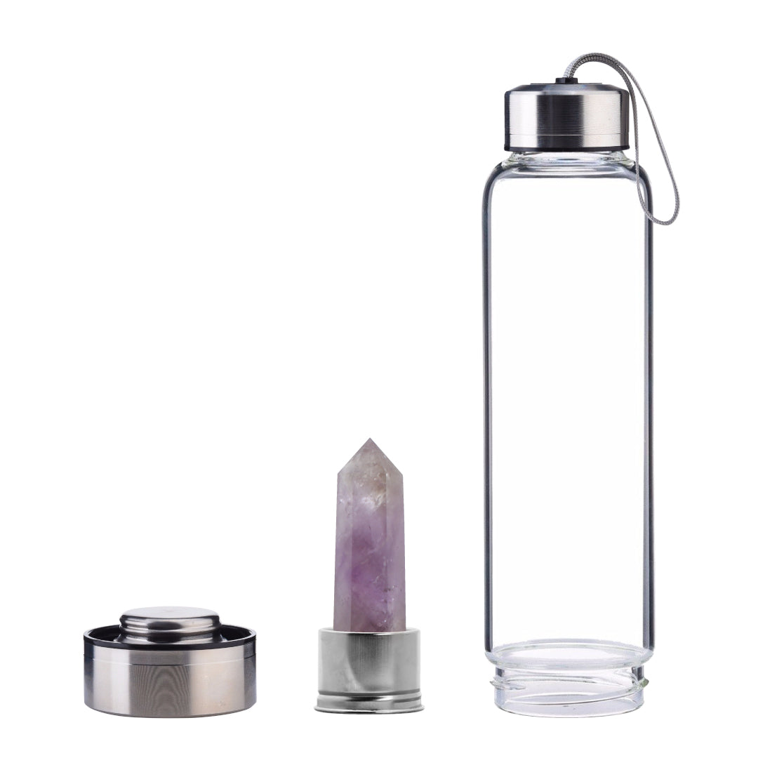 Amethyst Crystal Point Water Bottle, Create Gem-Infused Elixirs, 18.5 oz., Glass & Stainless Steel, VOLTLIN