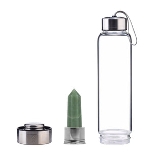 Green Aventurine Crystal Point Water Bottle, Create Gem-Infused Elixirs, 18.5 oz., Glass & Stainless Steel, VOLTLIN