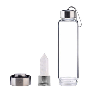 Quartz Crystal Point Water Bottle, Create Gem-Infused Elixirs, 18.5 oz., Glass & Stainless Steel, VOLTLIN