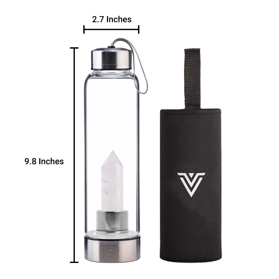 Quartz Crystal Point Water Bottle, Create Gem-Infused Elixirs, 18.5 oz., Glass & Stainless Steel, VOLTLIN