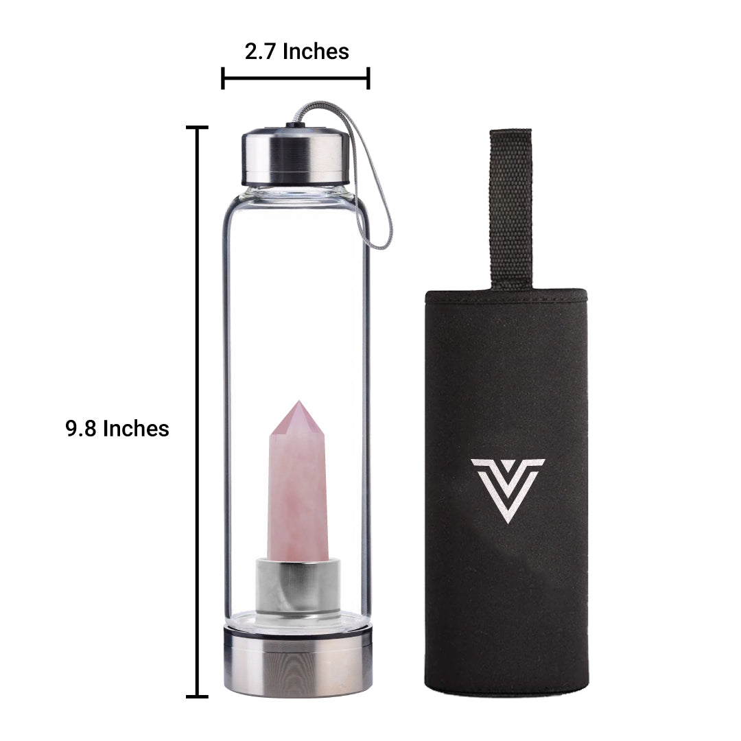 Rose Quartz Crystal Point Water Bottle, Create Gem-Infused Elixirs, 18.5 oz., Glass & Stainless Steel, VOLTLIN
