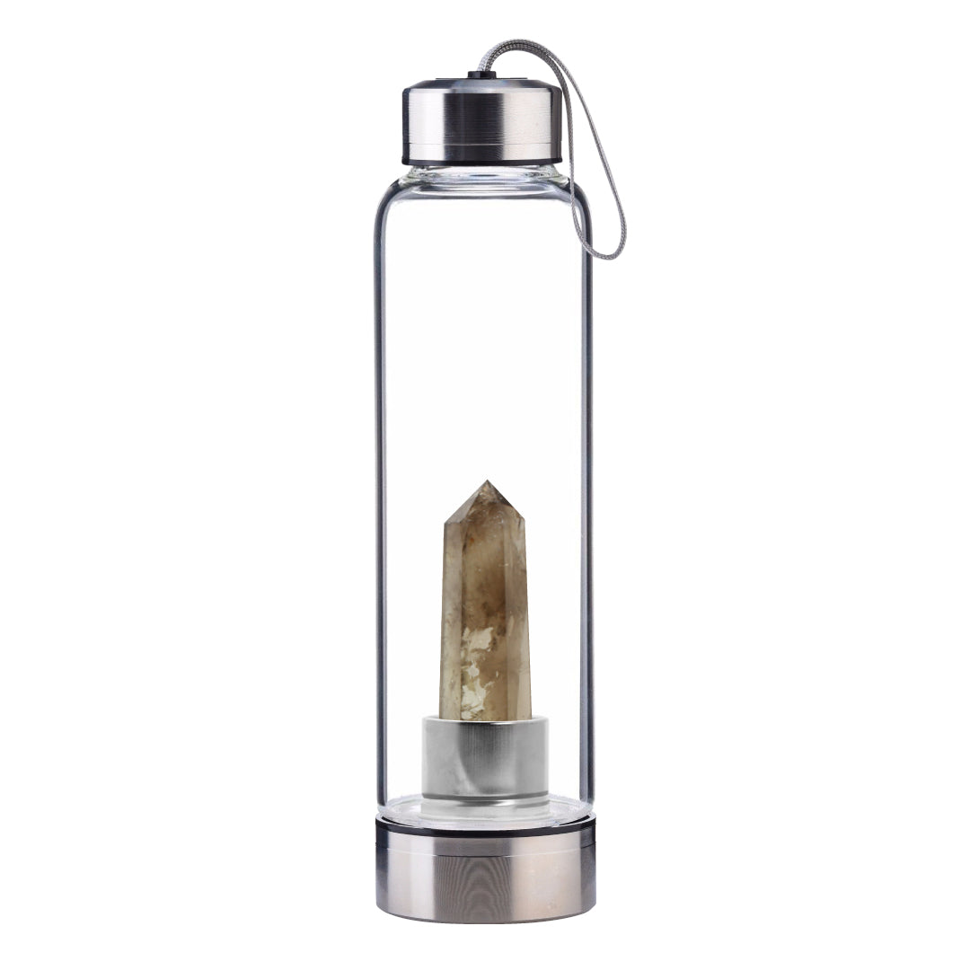 Smoky Quartz Crystal Point Water Bottle, Create Gem-Infused Elixirs, 18.5 oz., Glass & Stainless Steel, VOLTLIN