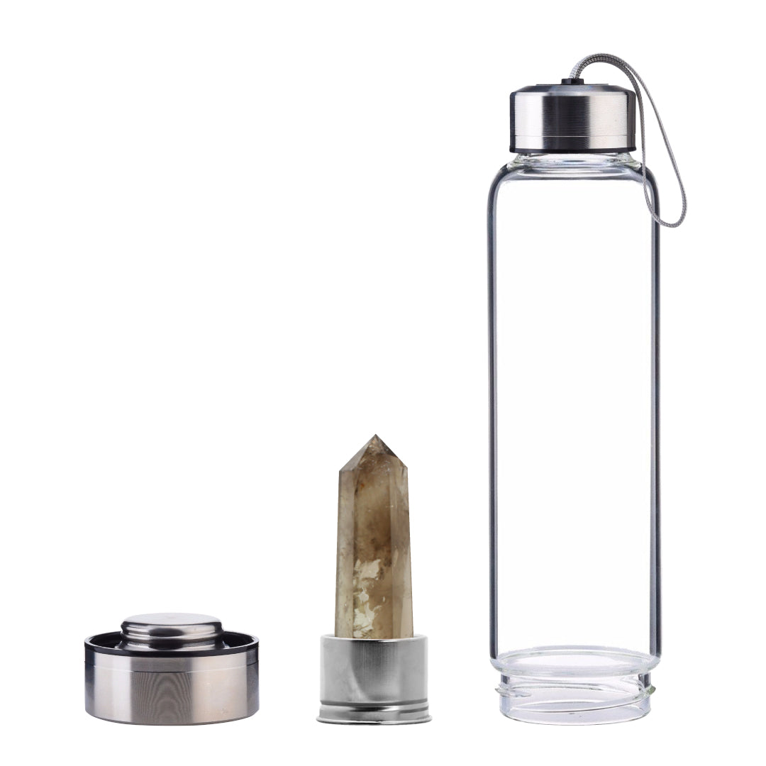 Smoky Quartz Crystal Point Water Bottle, Create Gem-Infused Elixirs, 18.5 oz., Glass & Stainless Steel, VOLTLIN