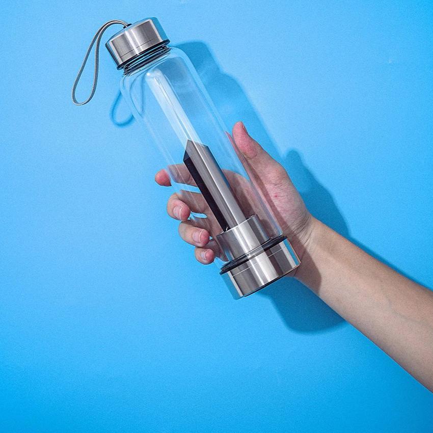 Quartz Crystal Point Water Bottle, Create Gem-Infused Elixirs, 18.5 oz., Glass & Stainless Steel, VOLTLIN