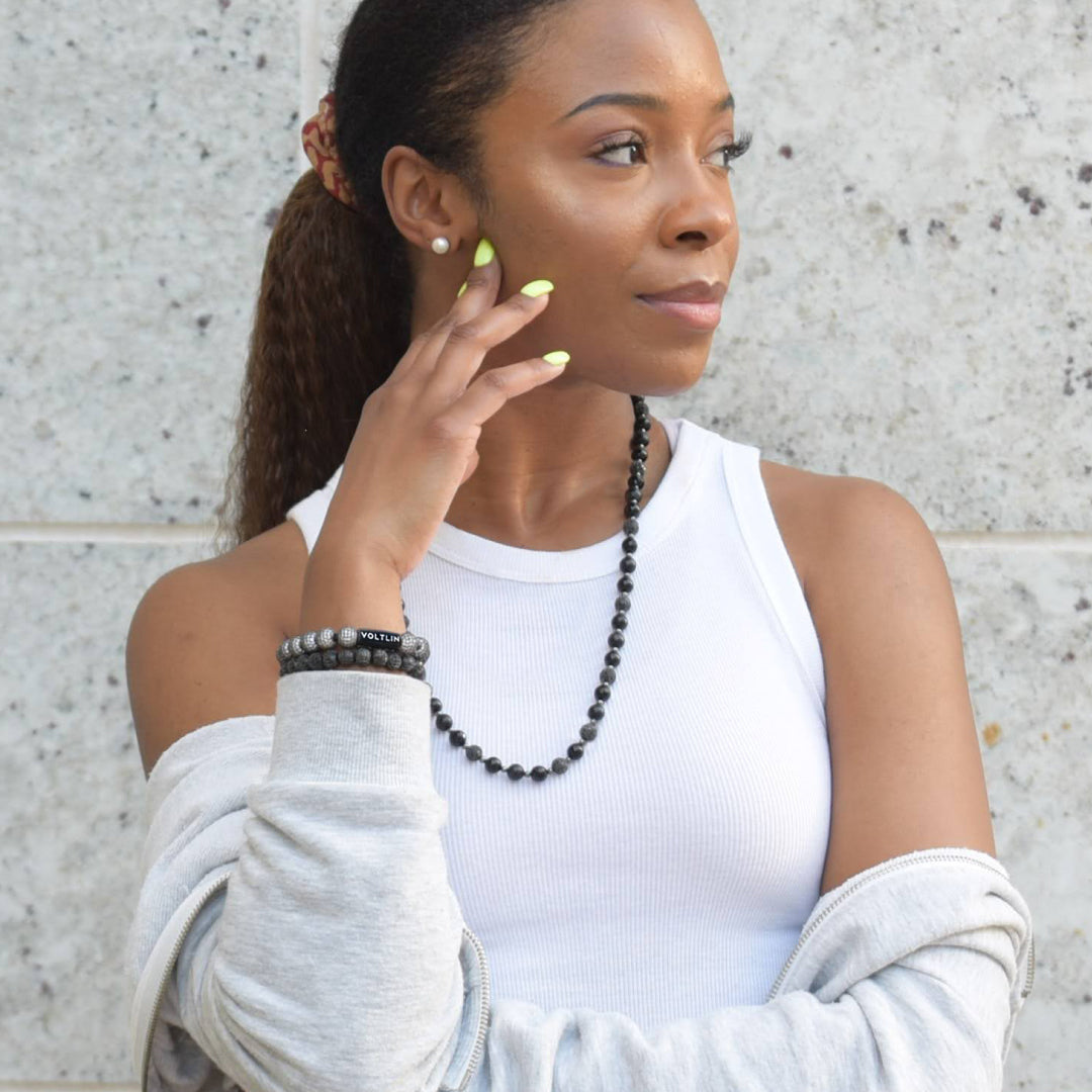 Steel Pave Stretch Bracelet Beaded Healing Crystal & Gemstone Jewelry, Unisex, Black, VOLTLIN