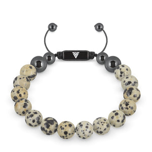 Front view of a 10mm Dalmatian Jasper crystal beaded shamballa bracelet with black stainless steel logo bead made by Voltlin