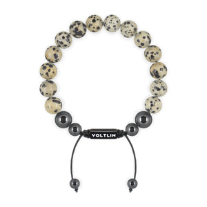 Top view of a 10mm Dalmatian Jasper crystal beaded shamballa bracelet with black stainless steel logo bead made by Voltlin