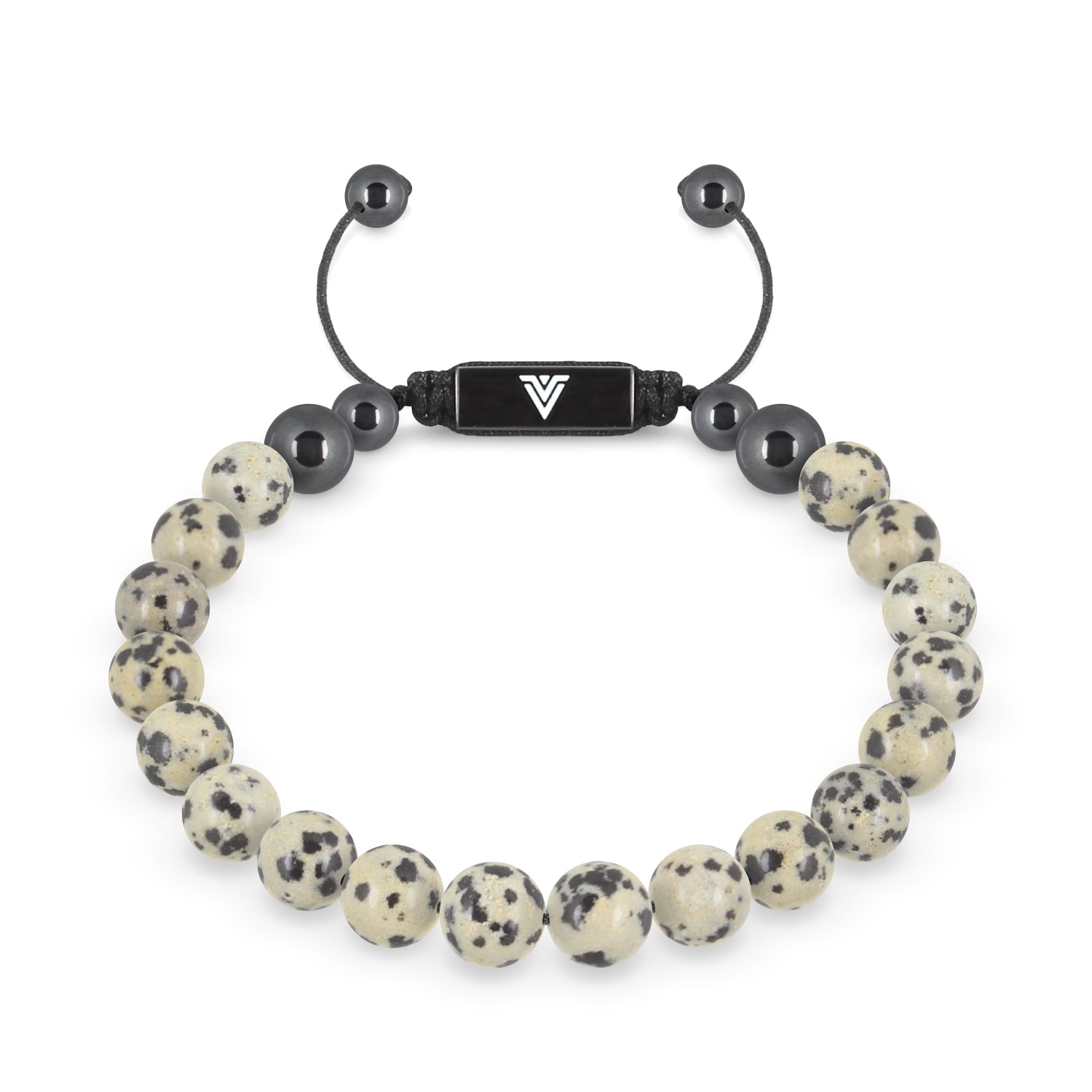Front view of an 8mm Dalmatian Jasper crystal beaded shamballa bracelet with black stainless steel logo bead made by Voltlin