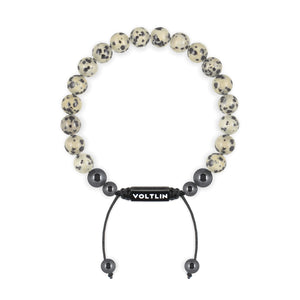 Top view of an 8mm Dalmatian Jasper crystal beaded shamballa bracelet with black stainless steel logo bead made by Voltlin