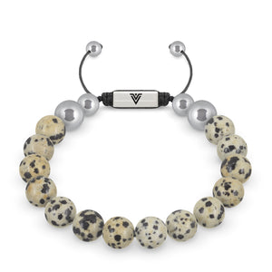 Front view of a 10mm Dalmatian Jasper beaded shamballa bracelet with silver stainless steel logo bead made by Voltlin