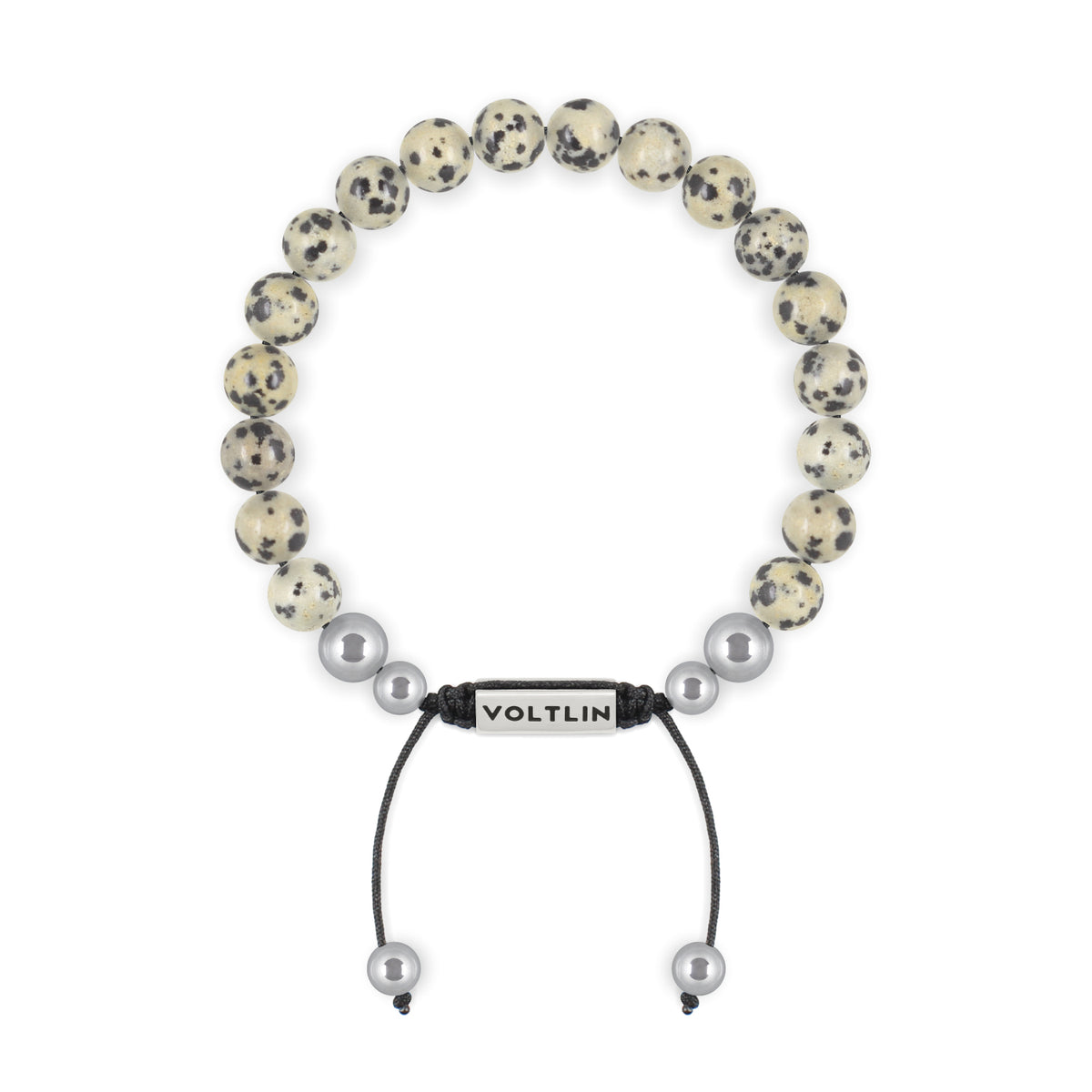 Top view of an 8mm Dalmatian Jasper beaded shamballa bracelet with silver stainless steel logo bead made by Voltlin