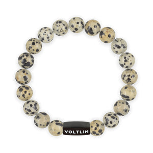 Top view of a 10mm Dalmatian Jasper crystal beaded stretch bracelet with black stainless steel logo bead made by Voltlin