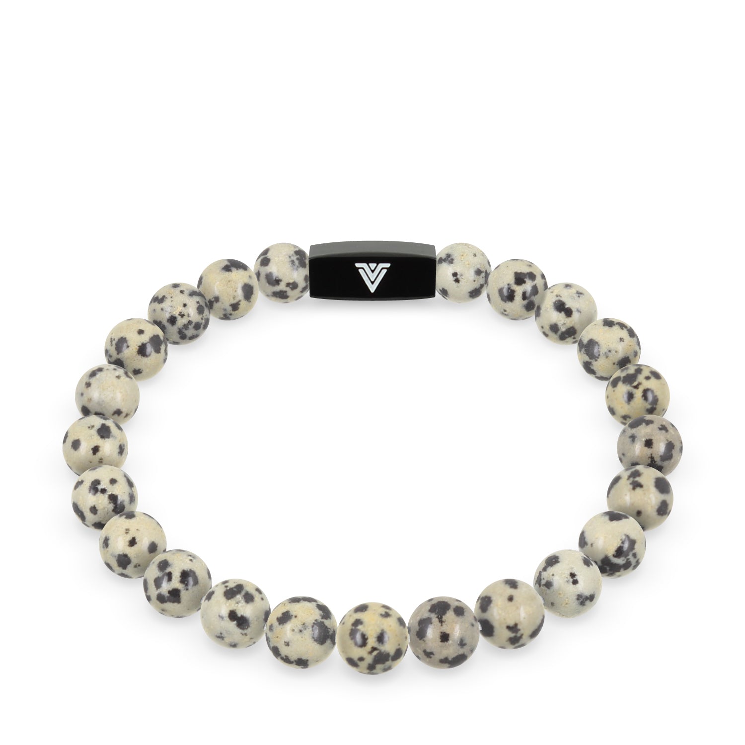 Front view of an 8mm Dalmatian Jasper crystal beaded stretch bracelet with black stainless steel logo bead made by Voltlin