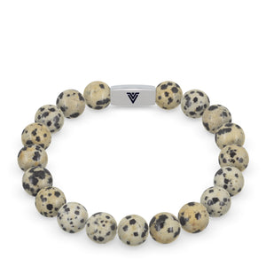Front view of a 10mm Dalmatian Jasper beaded stretch bracelet with silver stainless steel logo bead made by Voltlin