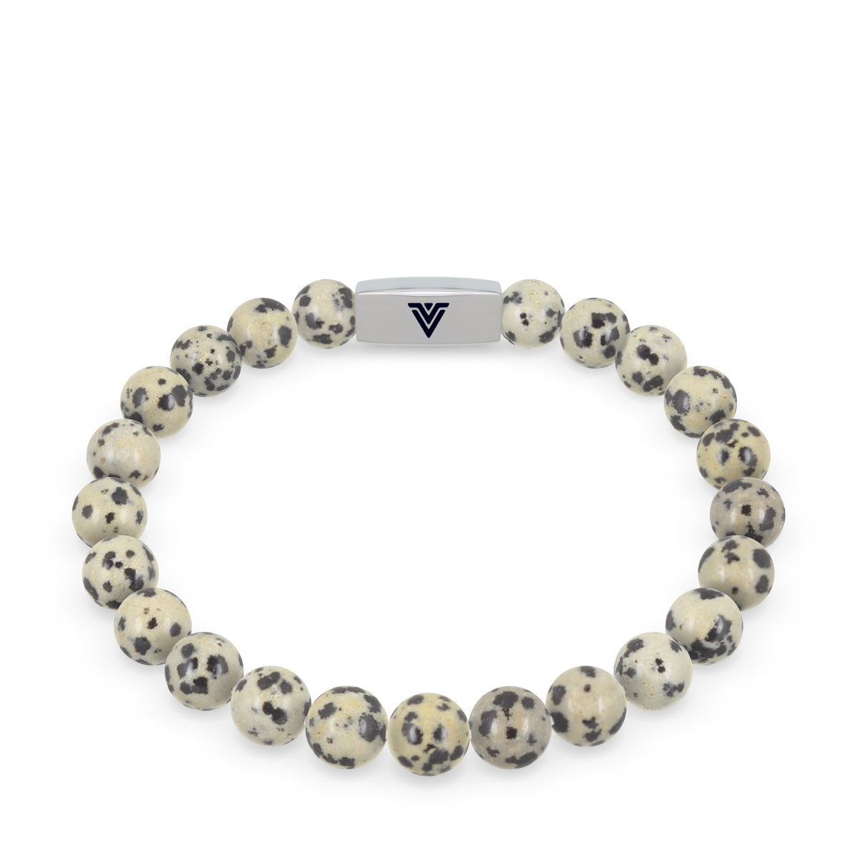 Front view of an 8mm Dalmatian Jasper beaded stretch bracelet with silver stainless steel logo bead made by Voltlin